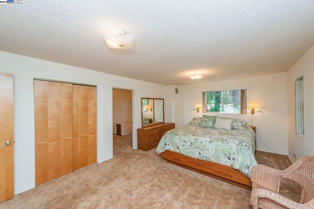 a bedroom with a large bed and a window