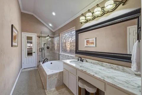 a bathroom with a sink a large mirror and a shower