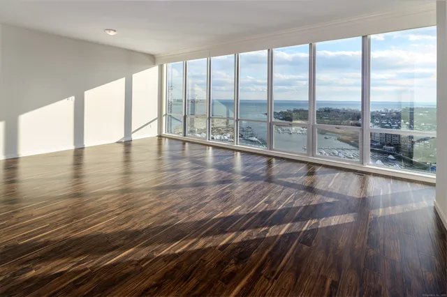 a view of empty room with wooden floor and floor to ceiling window