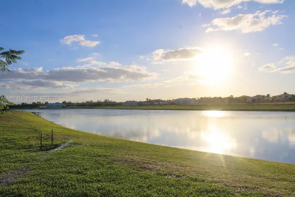 an aerial view of a swimming pool