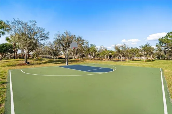 a view of a playground with basketball court