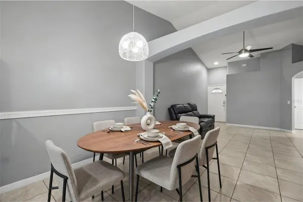 a view of a dining room with furniture