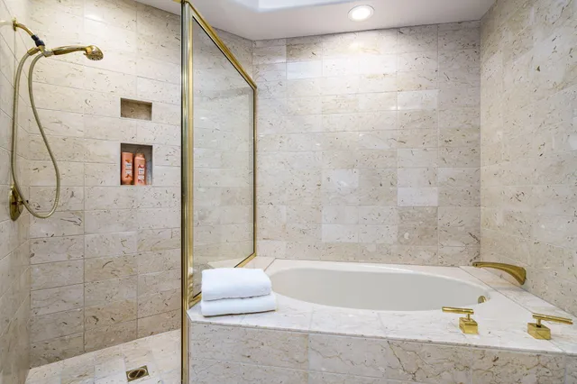 a bathroom with a bathtub and shower