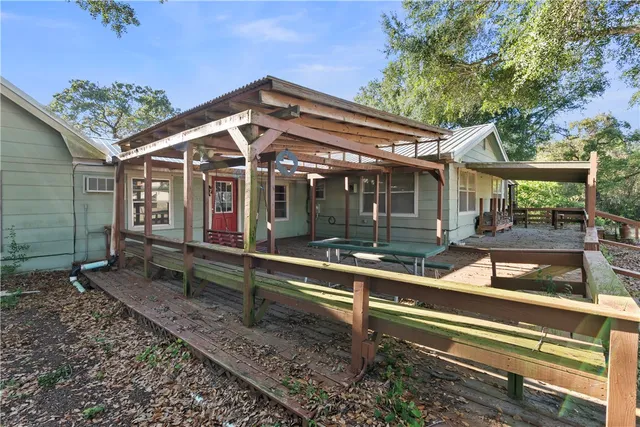 front view of a house with a patio