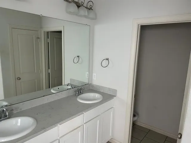 a bathroom with a sink double vanity and a mirror