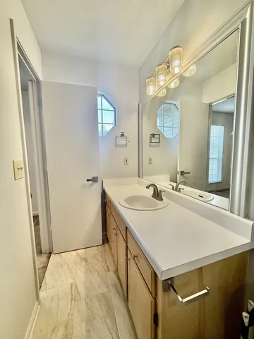 a bathroom with a sink and a mirror