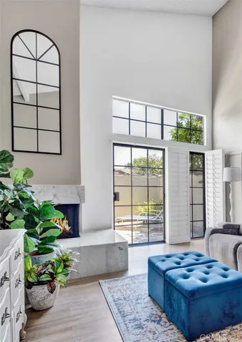 a living room with furniture and a potted plant