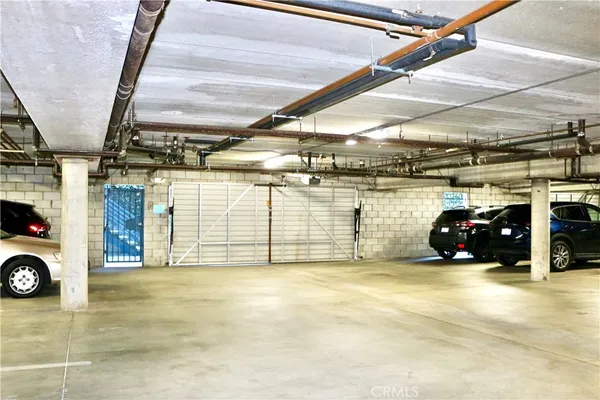 a view of a garage with storage