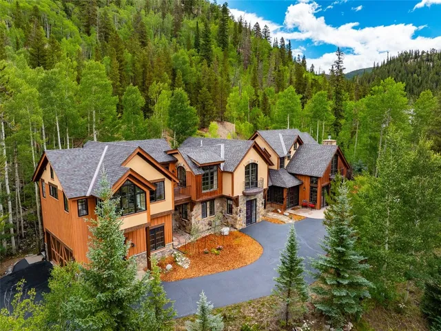 an aerial view of a house with swimming pool and garden