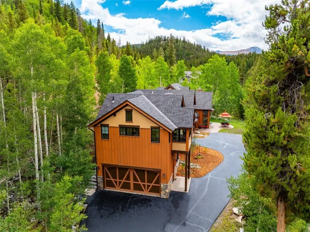 an aerial view of a house with swimming pool and trees all around