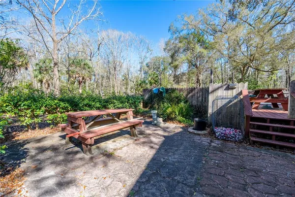a view of a bench in a backyard