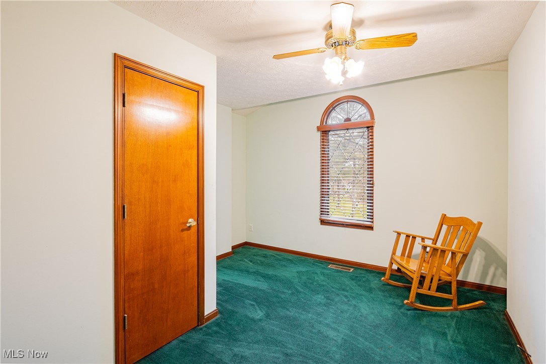 6743 Cedar Ridge Trail Clinton, OH 44216 - Photo 22 of 42 Living area featuring ceiling fan, a textured ceiling, and dark colored carpet