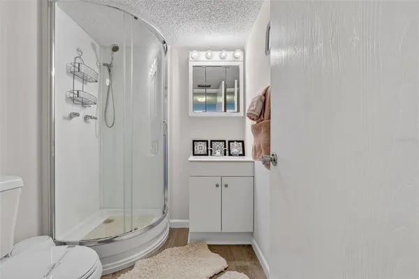 a bathroom with a shower and toilet
