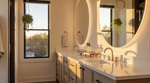 a bathroom with a double vanity sink and a mirror
