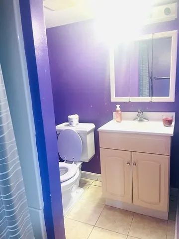 a bathroom with a sink vanity and a toilet