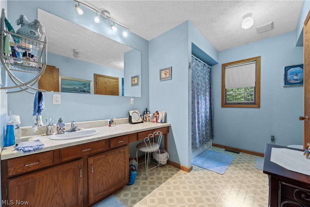 1835 Lynn Road Kent, OH 44240 - Photo 14 of 48 Bathroom featuring a vanity with a drop-in sink, track lighting, a full-width mirror, wood-finish cabinetry, and a window with a roller shade