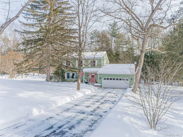 a front view of a house with a yard covered with snow