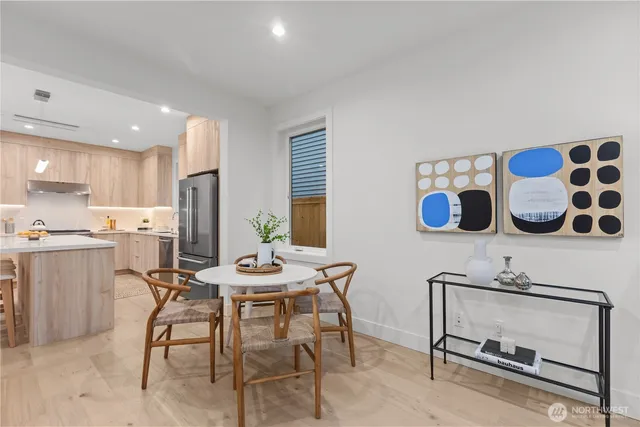 a view of a dining room with furniture