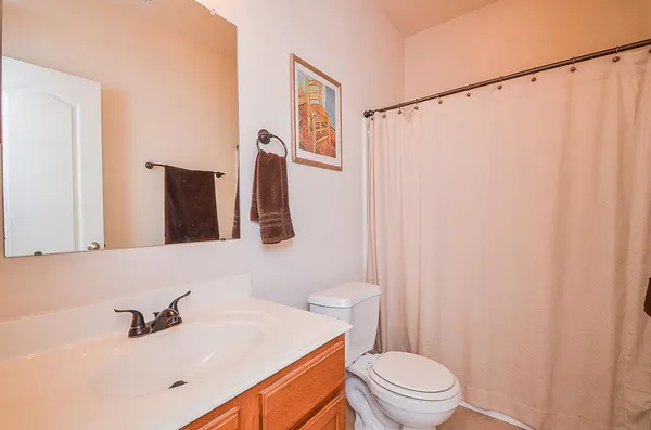 a bathroom with a sink a toilet a mirror and shower curtain