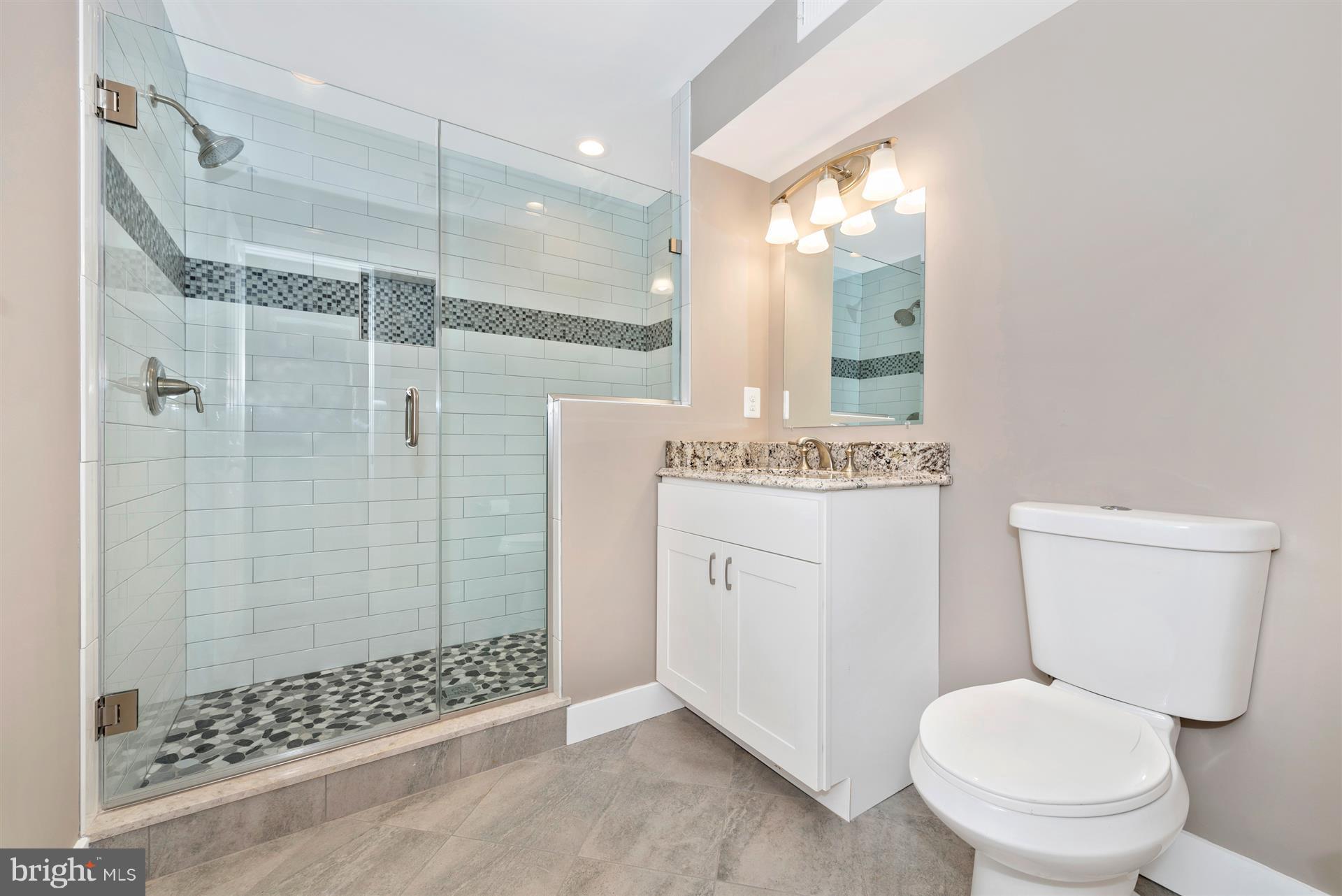 5008 Teen Barnes Road Frederick, MD 21703 - Photo 27 of 30 a bathroom with a granite countertop sink a mirror a toilet and shower