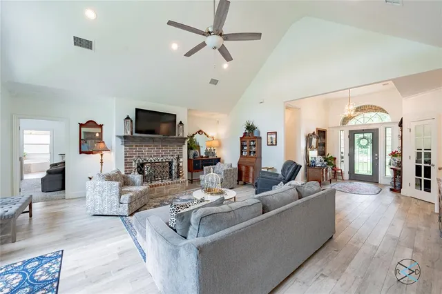 a living room with fireplace furniture and a flat screen tv