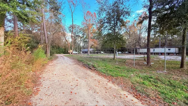 a view of a wooden house with large trees