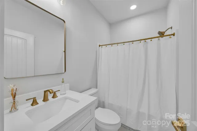 a bathroom with a sink a toilet and shower curtain