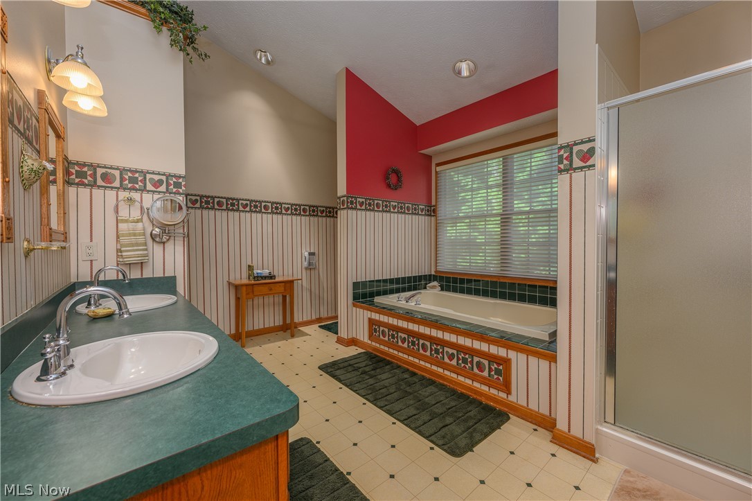 8745 Broadview Road Broadview Heights, OH 44147 - Photo 12 of 49 Bathroom featuring a double vanity with green countertops, a built-in jetted tub with tiled surround, a separate shower enclosure, and an abundance of natural light from the window
