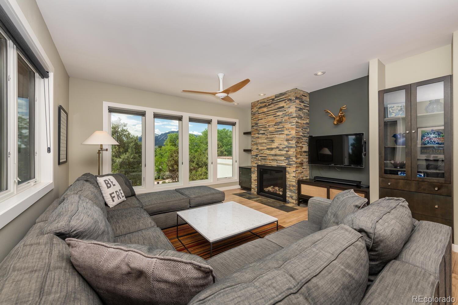 3828 Cloverleaf Drive Boulder, CO 80304 - Photo 14 of 40 a living room with furniture large window and a fireplace