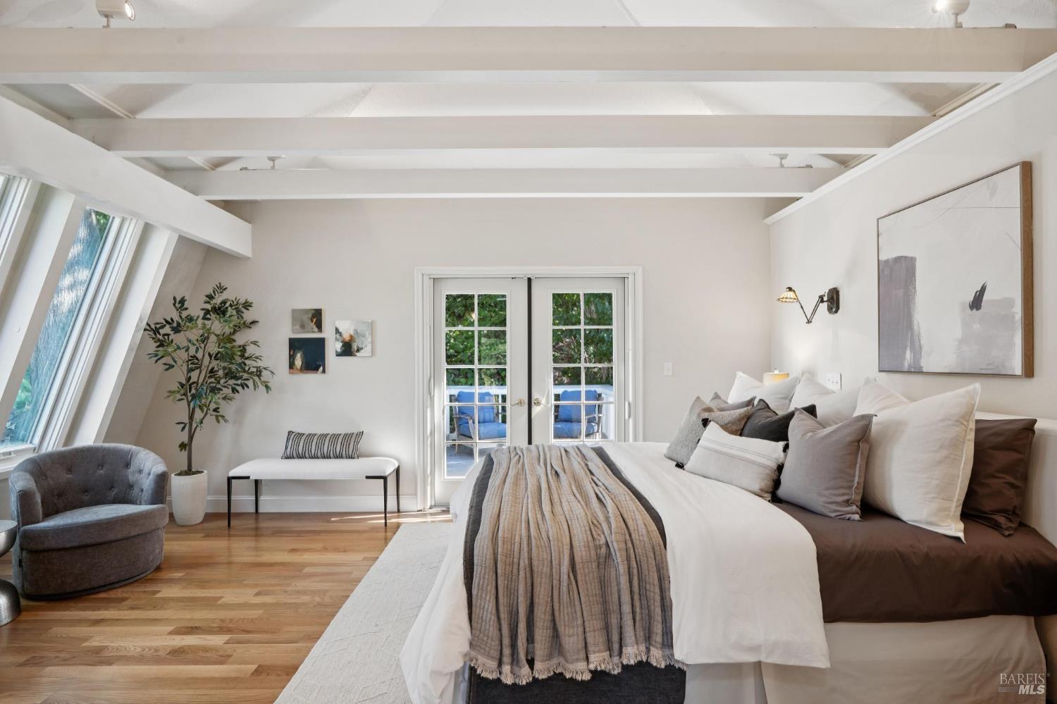 347 Jewell Street San Rafael, CA 94901 - Photo 44 of 61 a spacious bedroom with a bed a couch and potted plant with the wooden floor