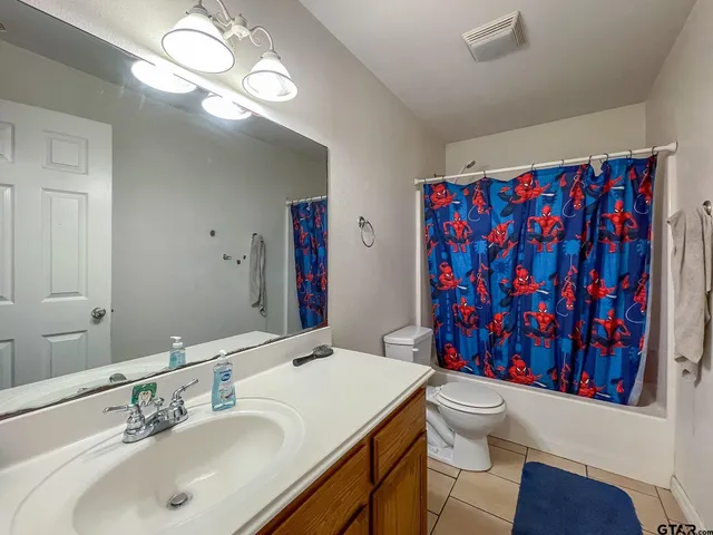 a bathroom with a sink a toilet and shower curtain