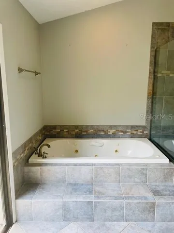 a bathroom with a bath tub