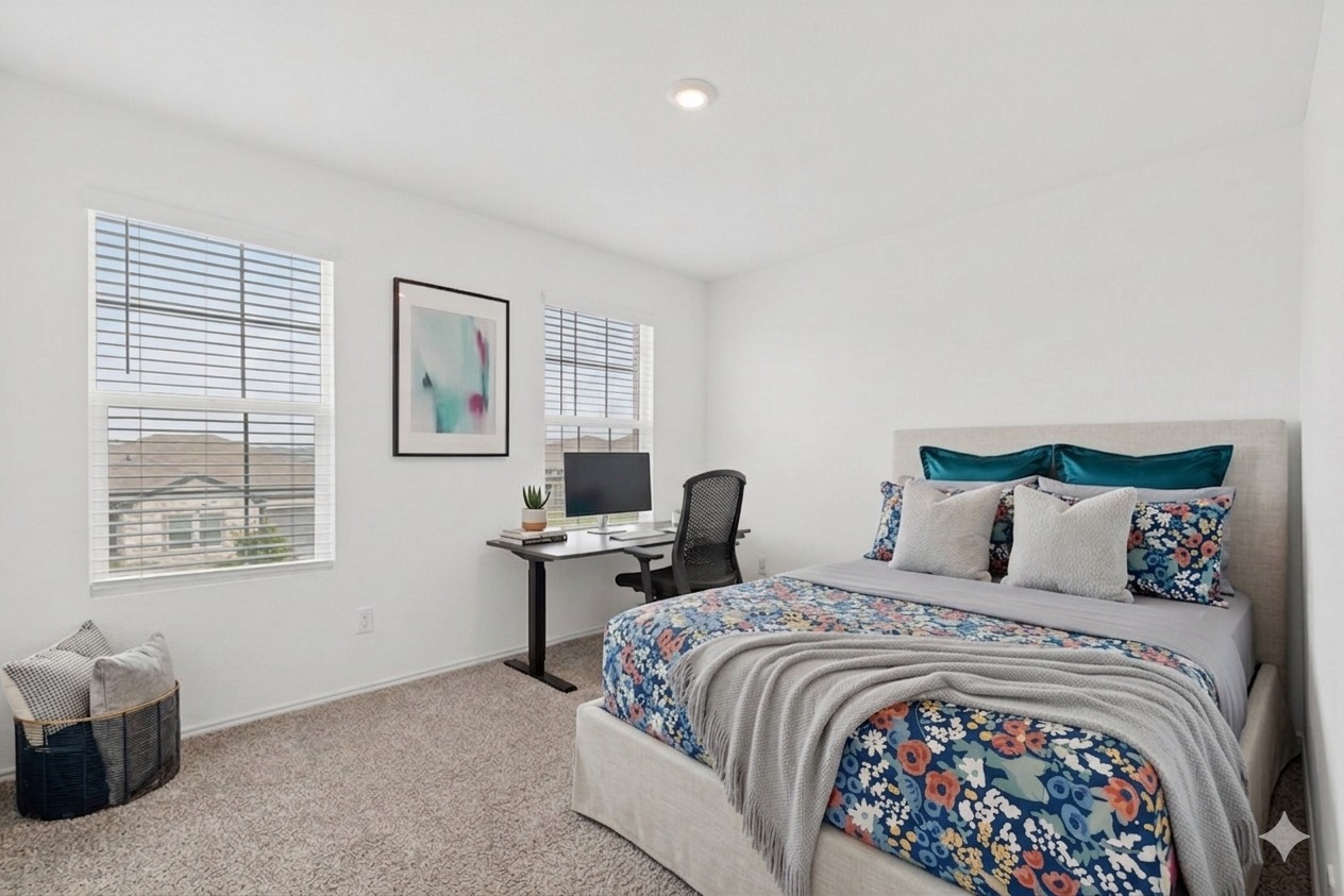 936 Mallow Road Leander, TX 78641 - Photo 14 of 16 Carpeted room featuring an upholstered bed frame, two windows with blinds, a built-in ceiling light, and white walls