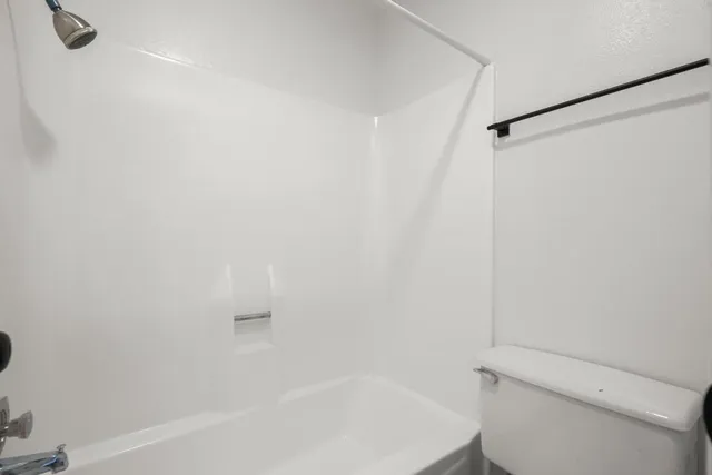 a bathroom with a shower and a toilet