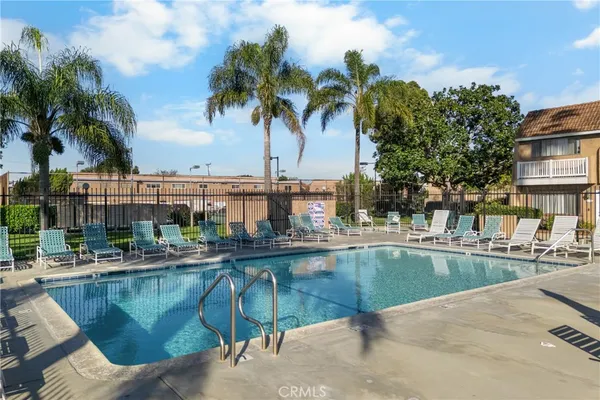 a view of a swimming pool with a lawn chairs under palm trees