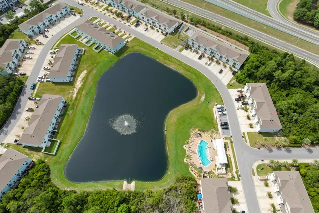 an aerial view of a swimming pool