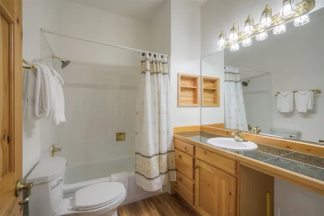 a bathroom with a sink a toilet a mirror and shower