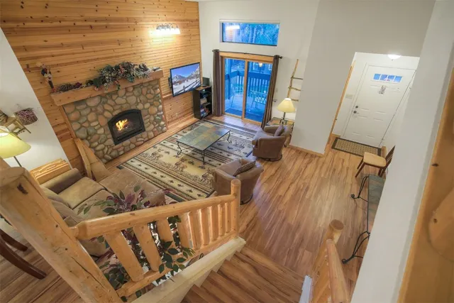 a view of a fireplace with wooden floor