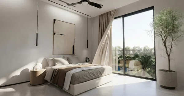 a bedroom with a bed and a large window