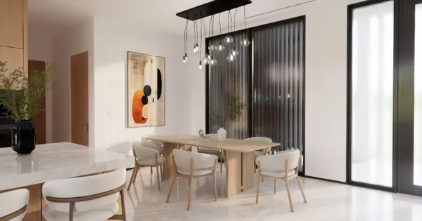 a view of a dining room with furniture