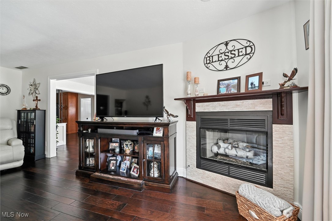 2930 South Ridge Road East Kingsville, OH 44048 - Photo 14 of 49 Living area with a glass covered fireplace and wood finished floors