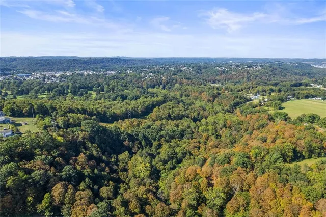 an aerial view of residential houses with outdoor space and trees