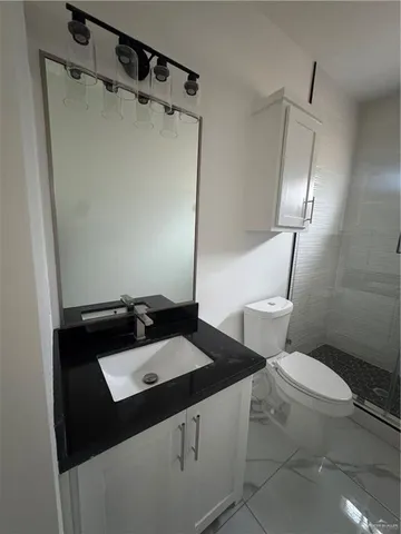 a bathroom with a sink a toilet a shower and mirror