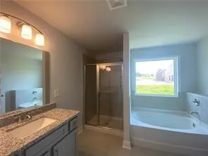 a bathroom with a granite countertop tub sink and mirror