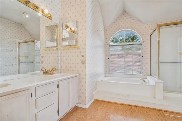 a bathroom with a sink a bathtub and a vanity