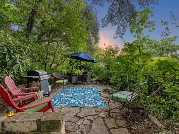an outdoor space with seating