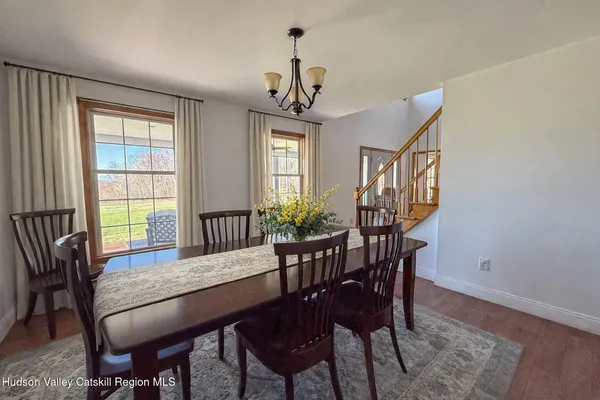a view of a dining room with furniture window and wooden floor