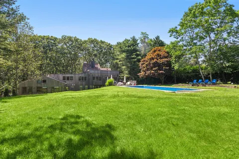 a view of a park with large trees