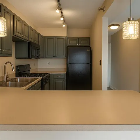 a kitchen with stainless steel appliances a refrigerator a sink a stove a microwave and cabinets