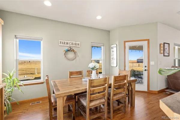 a view of a dining room with furniture window and wooden floor